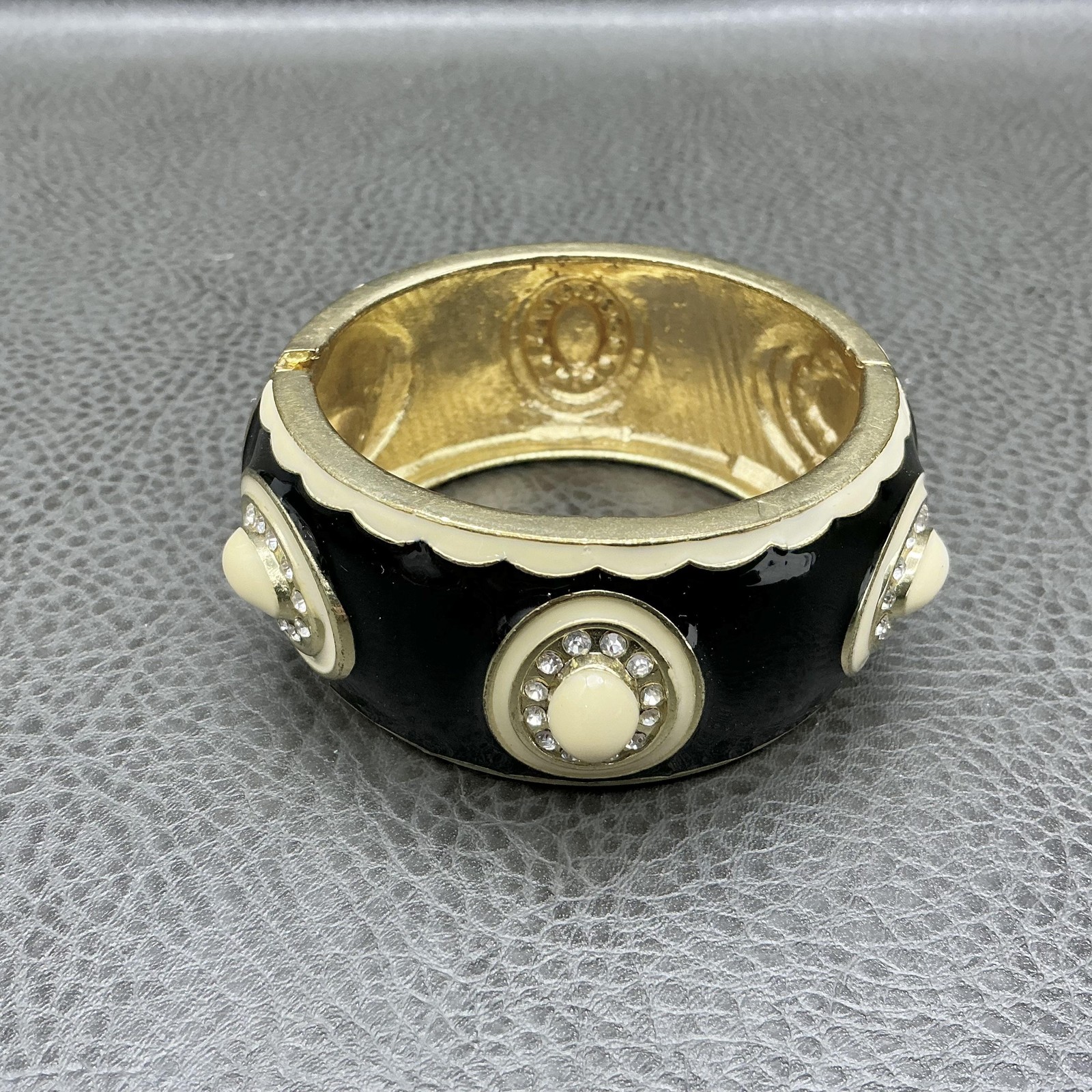 Bracelet Black Enamel Hinge Bangle Cream Cabochon Rhinestone Accents 7 inch