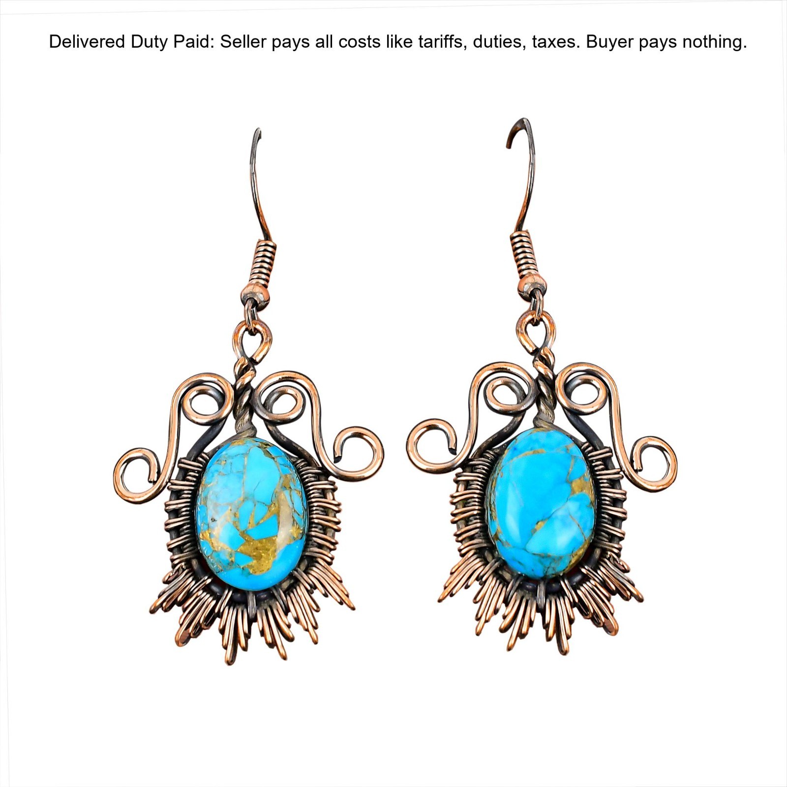 Christmas Deal Copper Copper Blue Turquoise Gemstone Drop Dangle Mother Earrings
