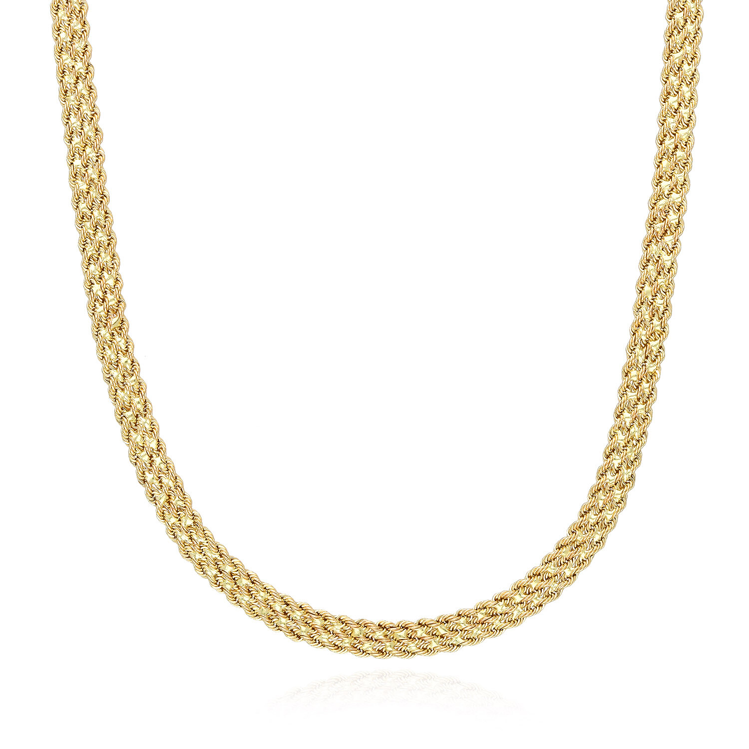 14K Yellow Gold Three-Row 6mm Flat Hollow Rope Chain Necklace 18″