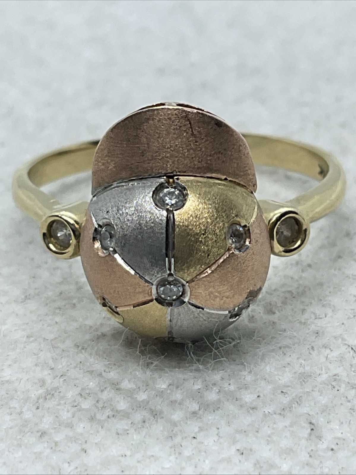 HANDMADE Solid 14K Tricolor Gold White CZ DOME Style ROTATING BASEBALL CAP Ring