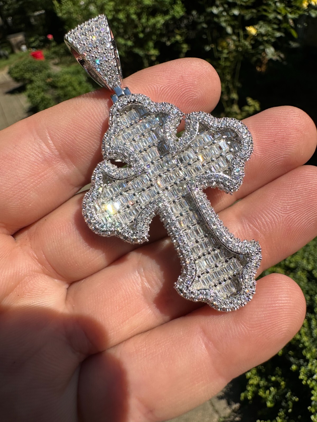 MOISSANITE Gothic Cross Pendant Iced Baguette Necklace Real 925 Silver – 3 Sizes