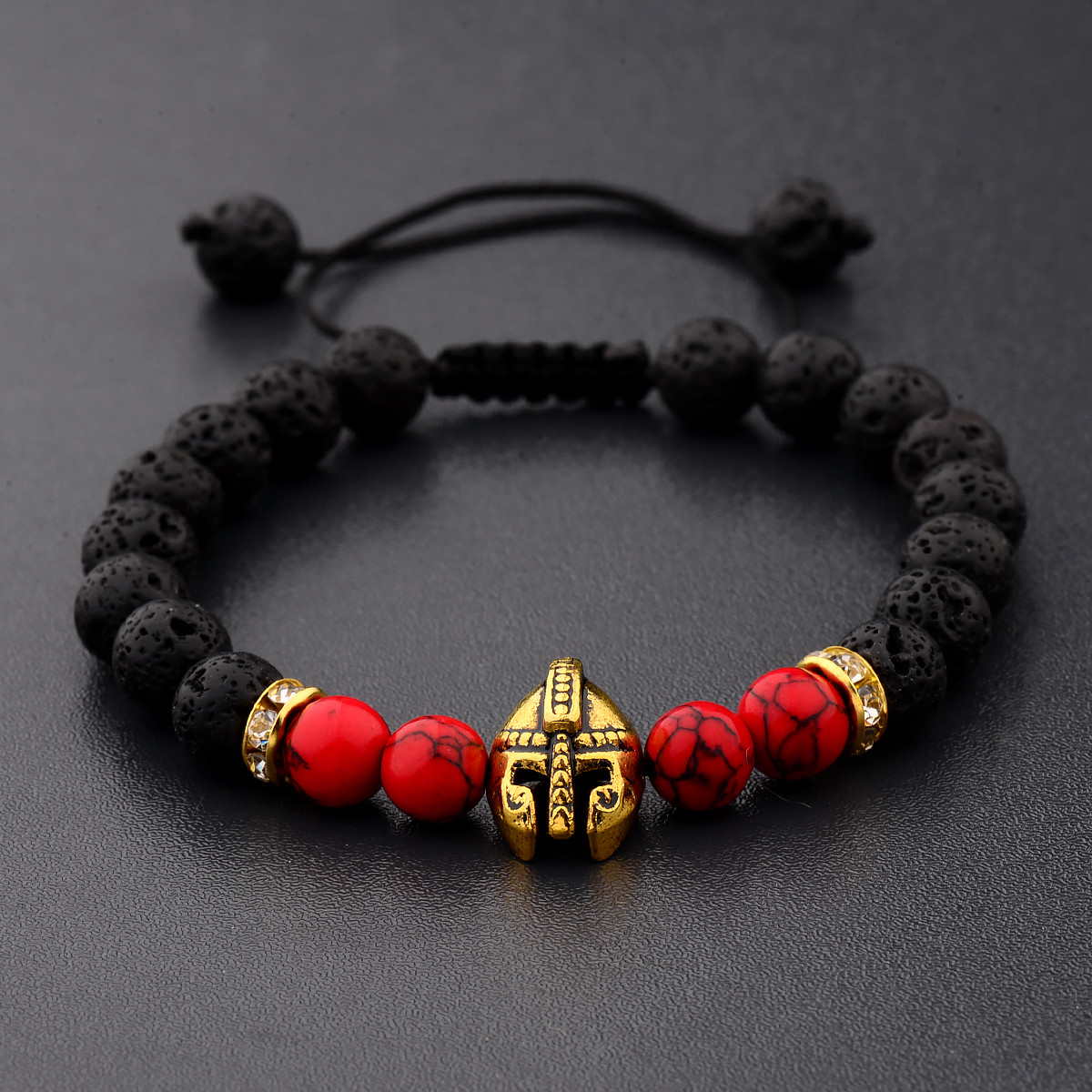 Men’s Helmet Braided Bracelets 8mm Natural Stone Lava Rock Adjustable Bracelets