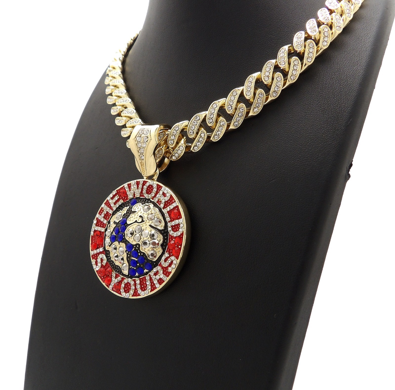 Hip Hop THE WORLD IS YOURS Pendant & 18″ Iced Box Lock Cuban Choker Bling Chain
