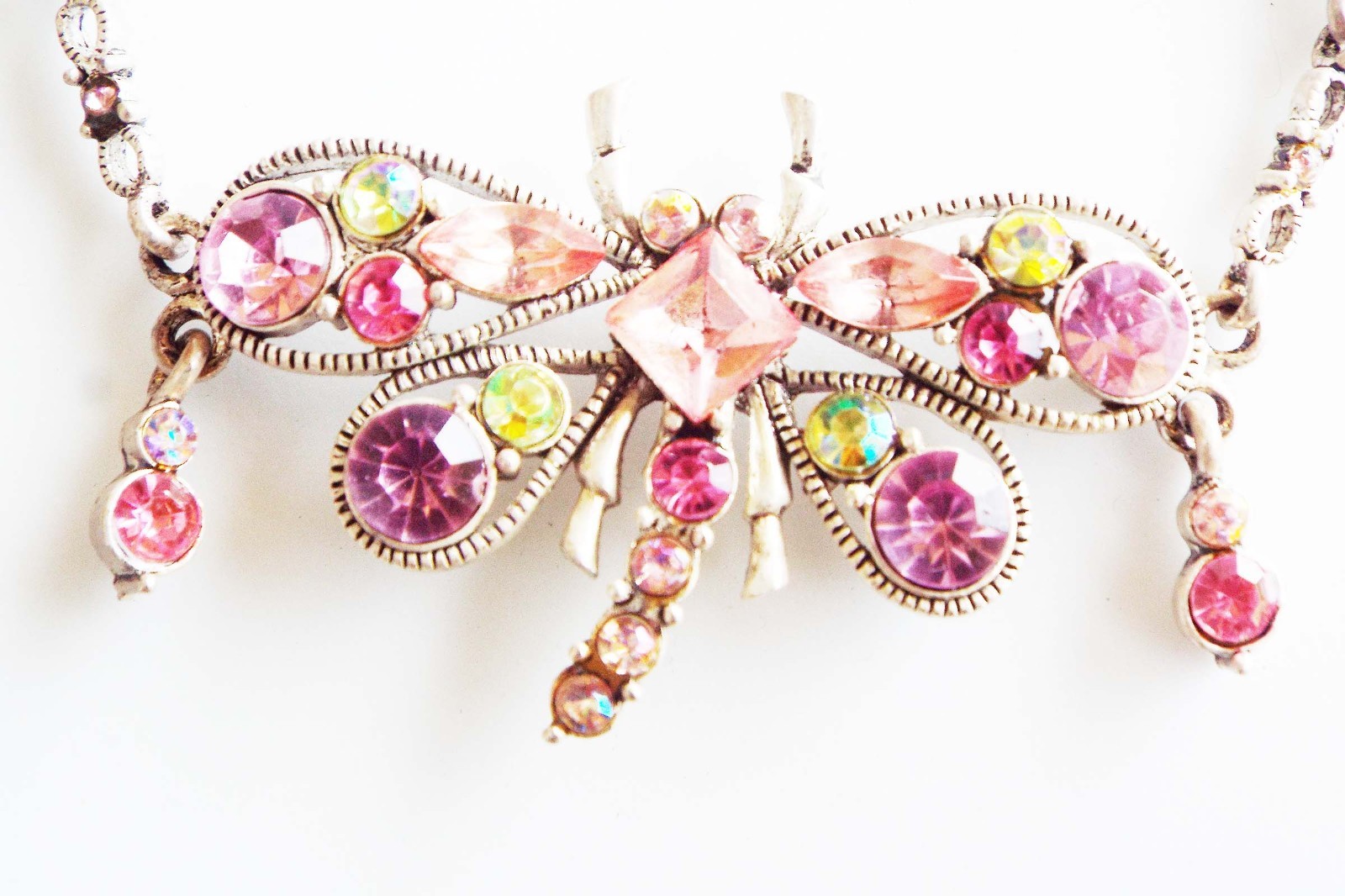 DESIGNER INSPIRED PINK GREEN MULTI CRYSTAL DRAGONFLY SILVERTONE JEWELRY SET NEW