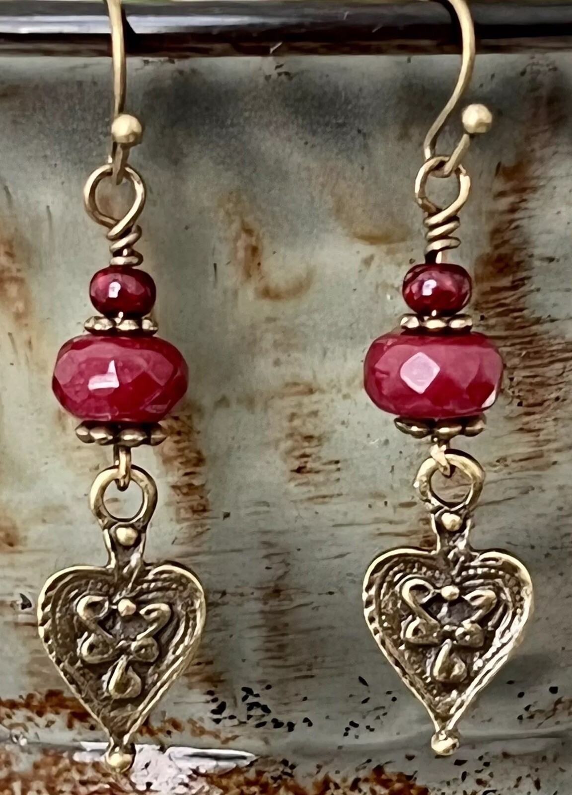 Beautiful Etched Bronze with Deep Red Picasso Bead Dangle Earrings.