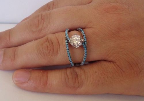 WEDDING RING 925 STERLING SILVER W/ LAB DIAMOND / TURQUOISE / SZ 5,6,7,8,9