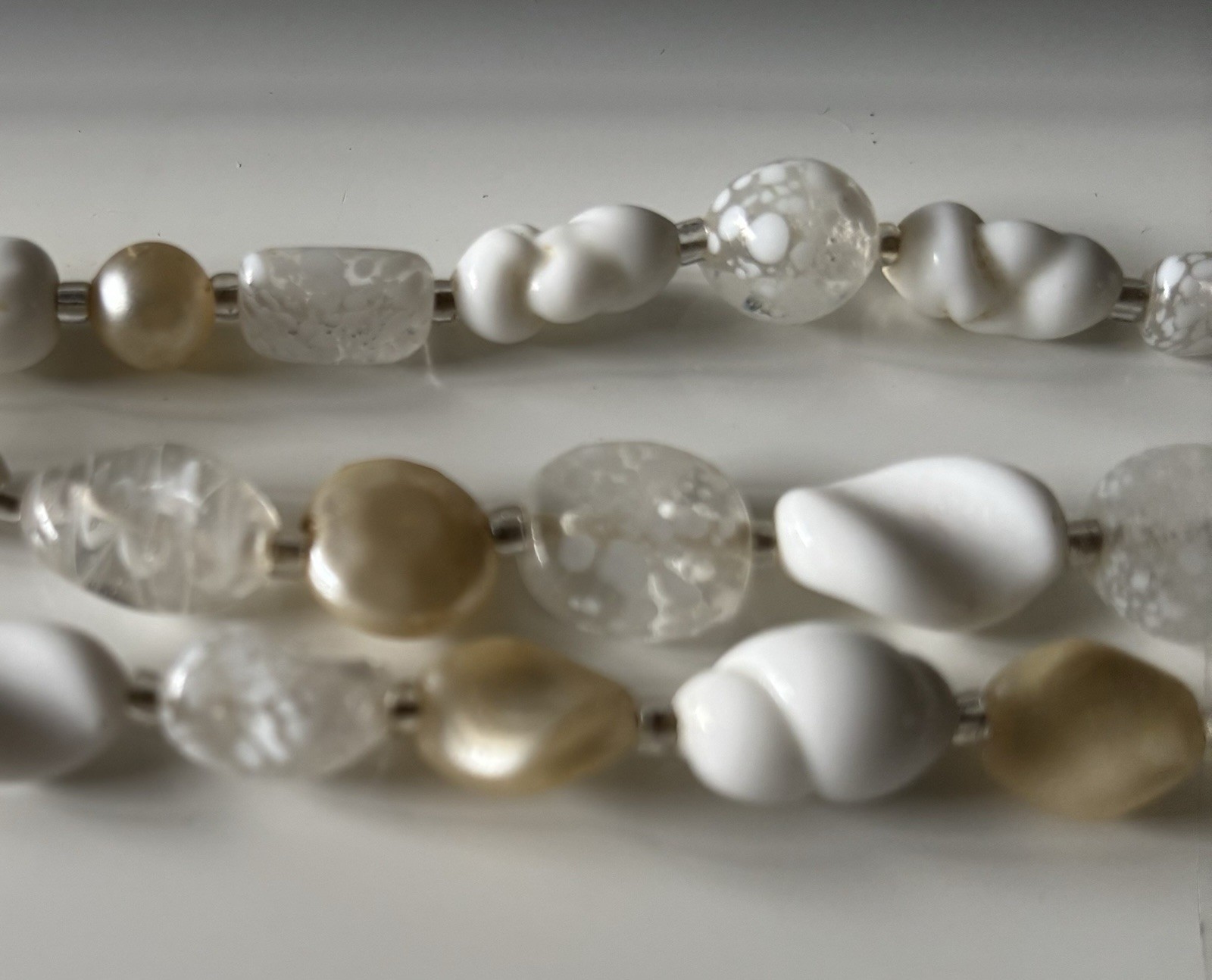 Strand Milk Glass Beaded Necklace White Clear Gold Glass Statement Vintage Style