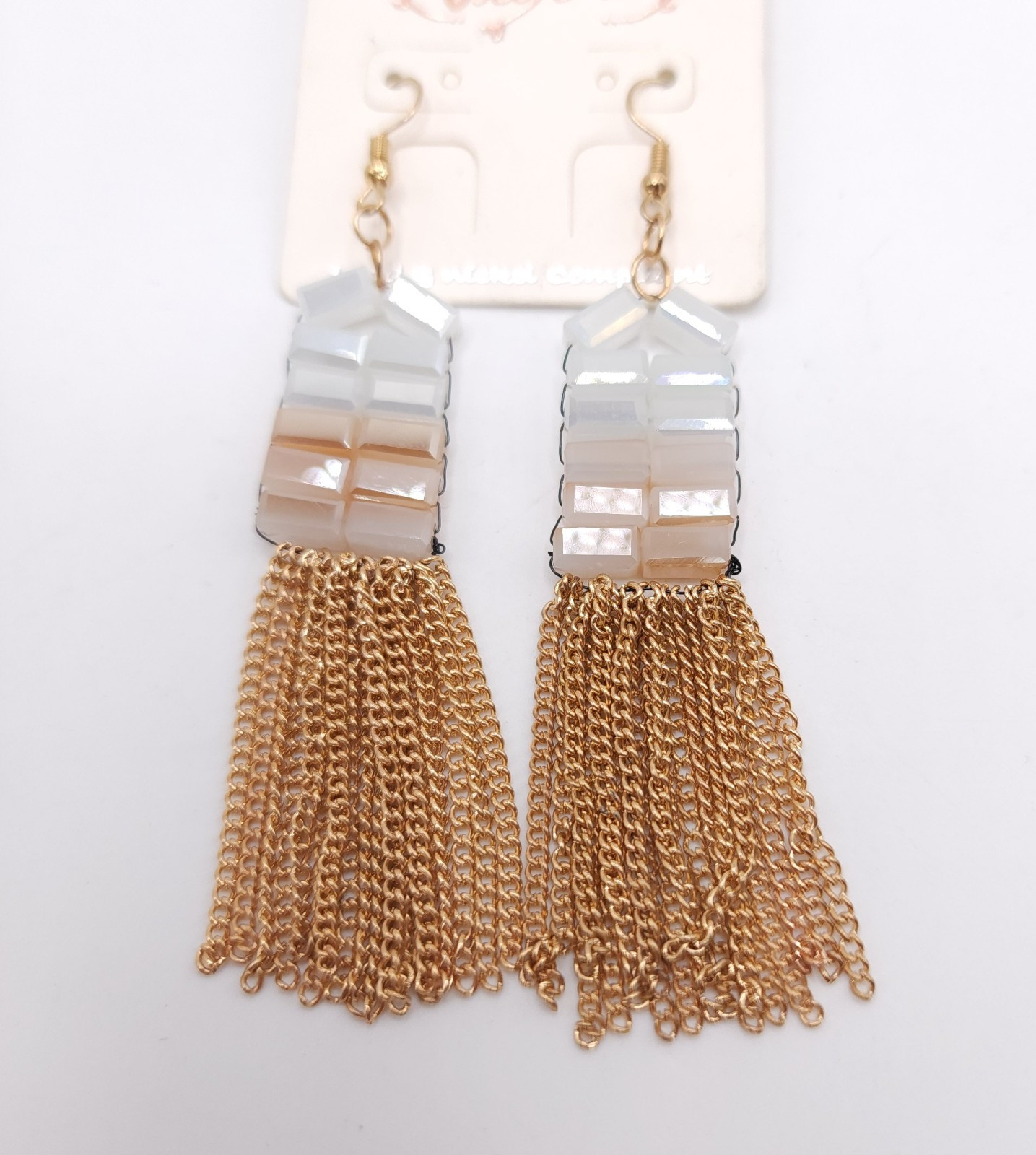 Viola Gold Tassel Dangle Earrings Iridescent Bead Boho Statement Chic