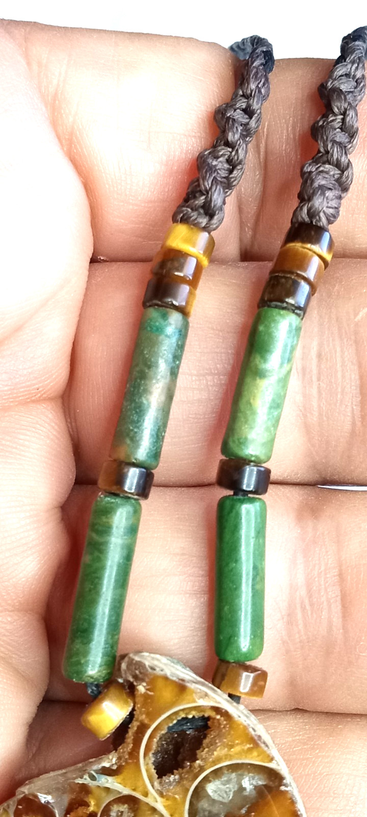 Fossil Ammonite With Nephrite beads Adjustable and Hand Braided Necklace