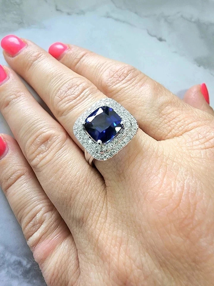 3.00 Ct Cushion Cut Natural Sapphire & Diamond Wedding Ring 14K White Gold 6 7 8