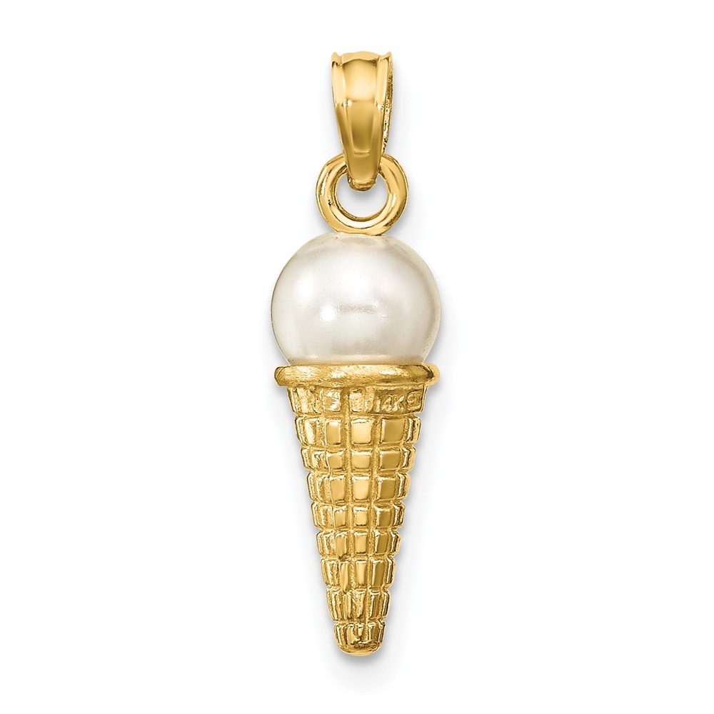 14K Yellow Gold Satin 3D Bead Ice Cream Cone Pendant L-16.15mm W-6.05mm