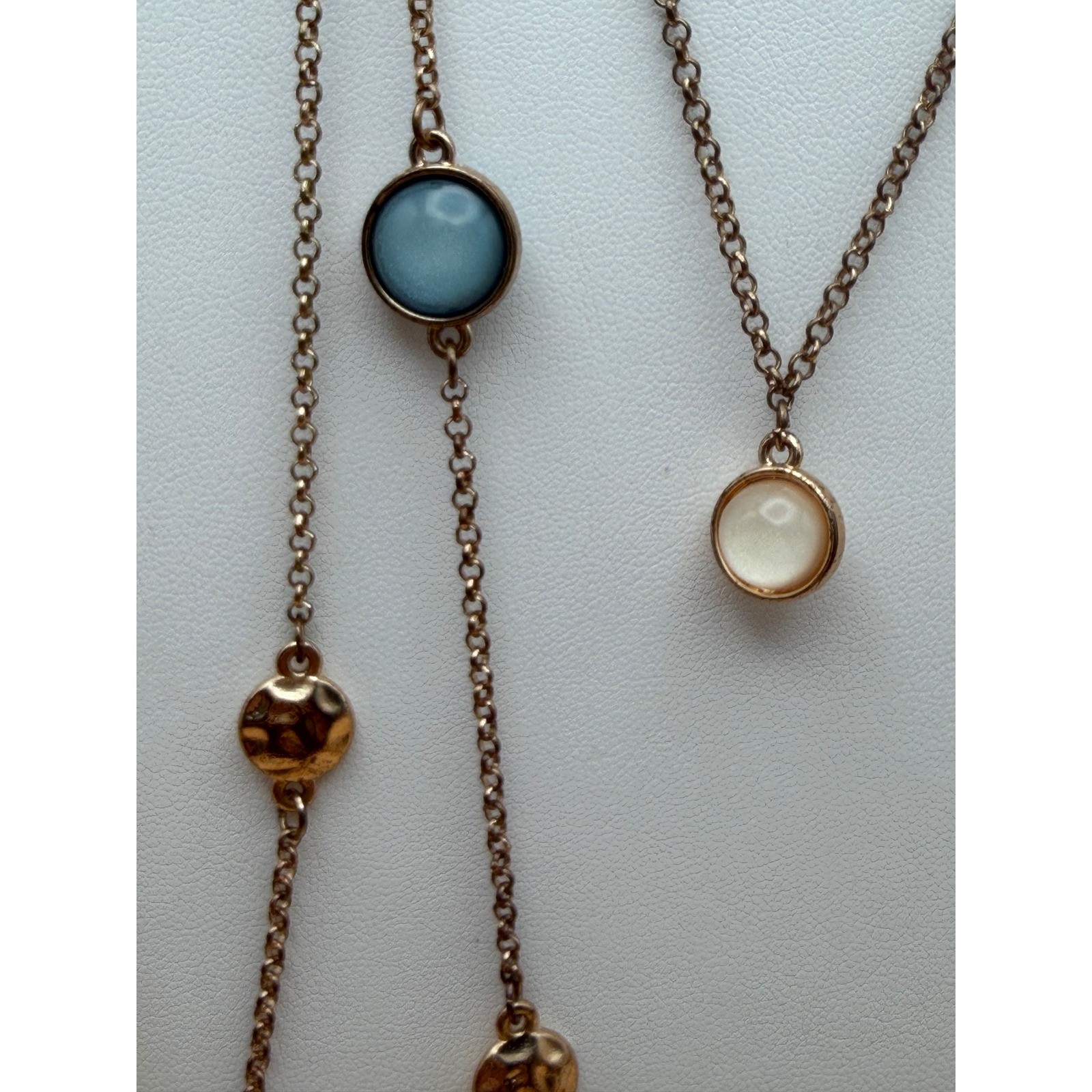 Multi Strand Layered Necklace Blue White Cabochon Gold Tone Crescent Moon Logo