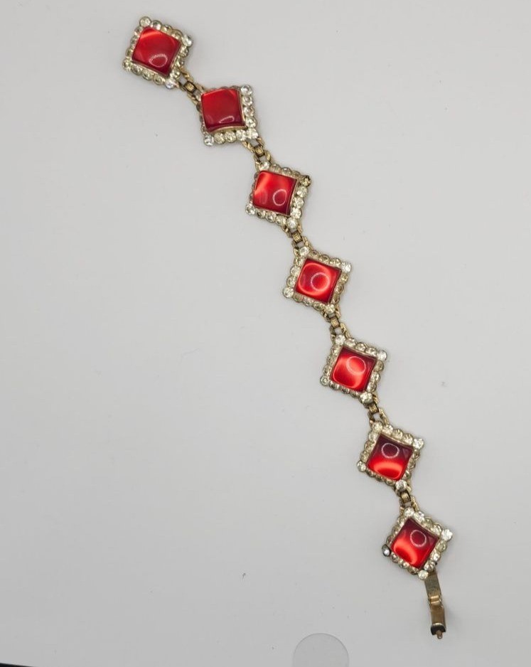 Vintage Gold Tone Bracelet Red Acrylic Stones Rhinestone Accents Victorian Rev