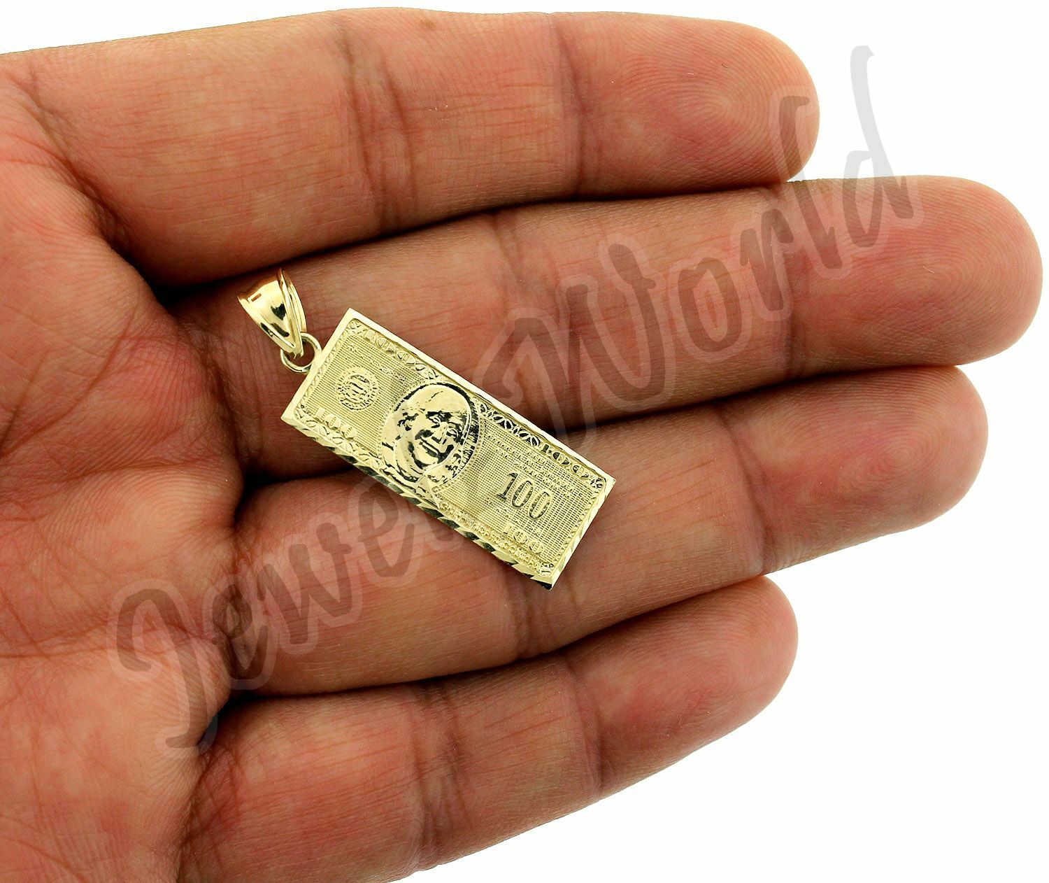 10K Yellow Gold Men’s $100 Dollar Bill Pendant Diamond Cut, 10KT Real Gold, NEW!