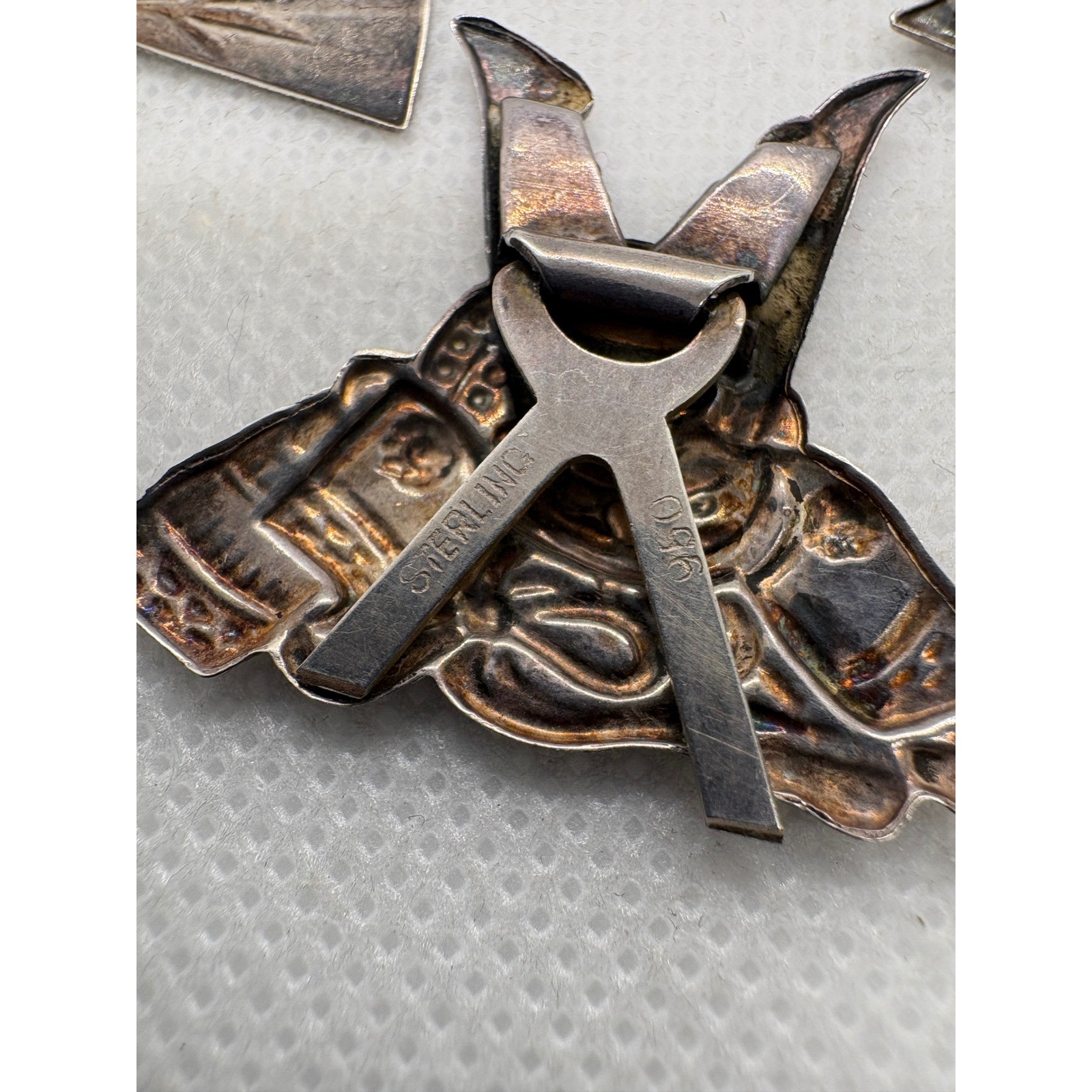 Vintage 950 Silver Japan Scarf Clip Set Dragon Boat Pagoda Samurai Fan 16.38g