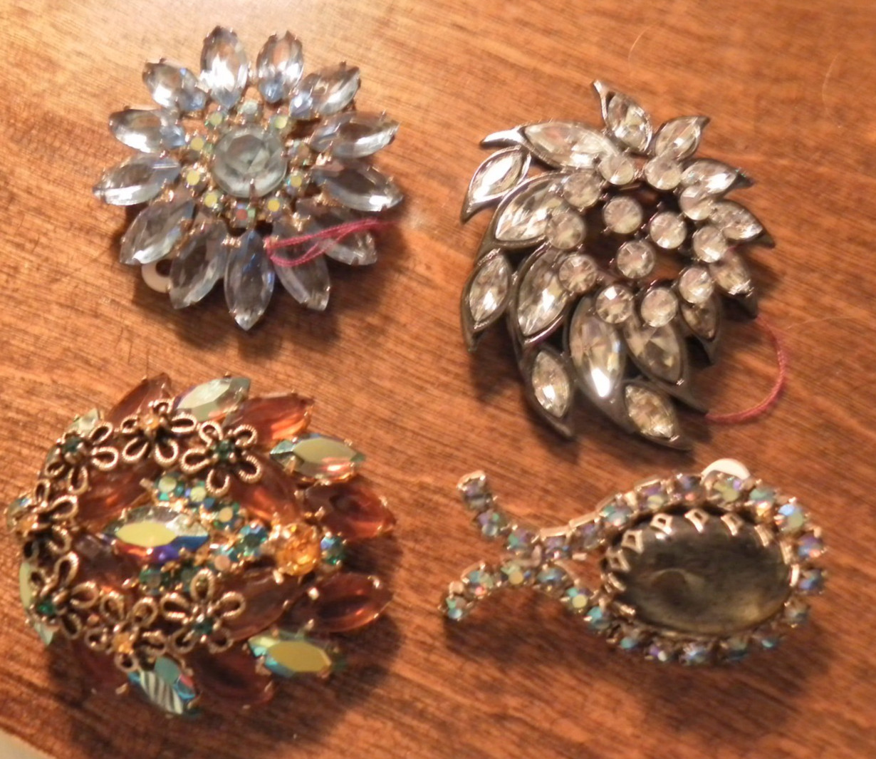 Vintage Lot of 4 Brooches Varies Shapes & Colors Rhinestones