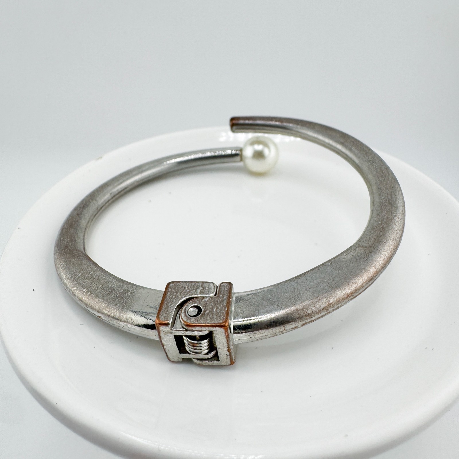 Vintage Silver Tone Open Ended Hinge Bangle Bracelet with Faux Pearl Accent