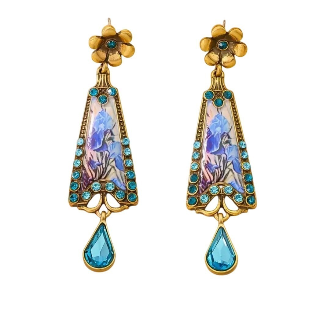 Art Nouveau Style Iris Earrings Gold Tone with Blue Crystals
