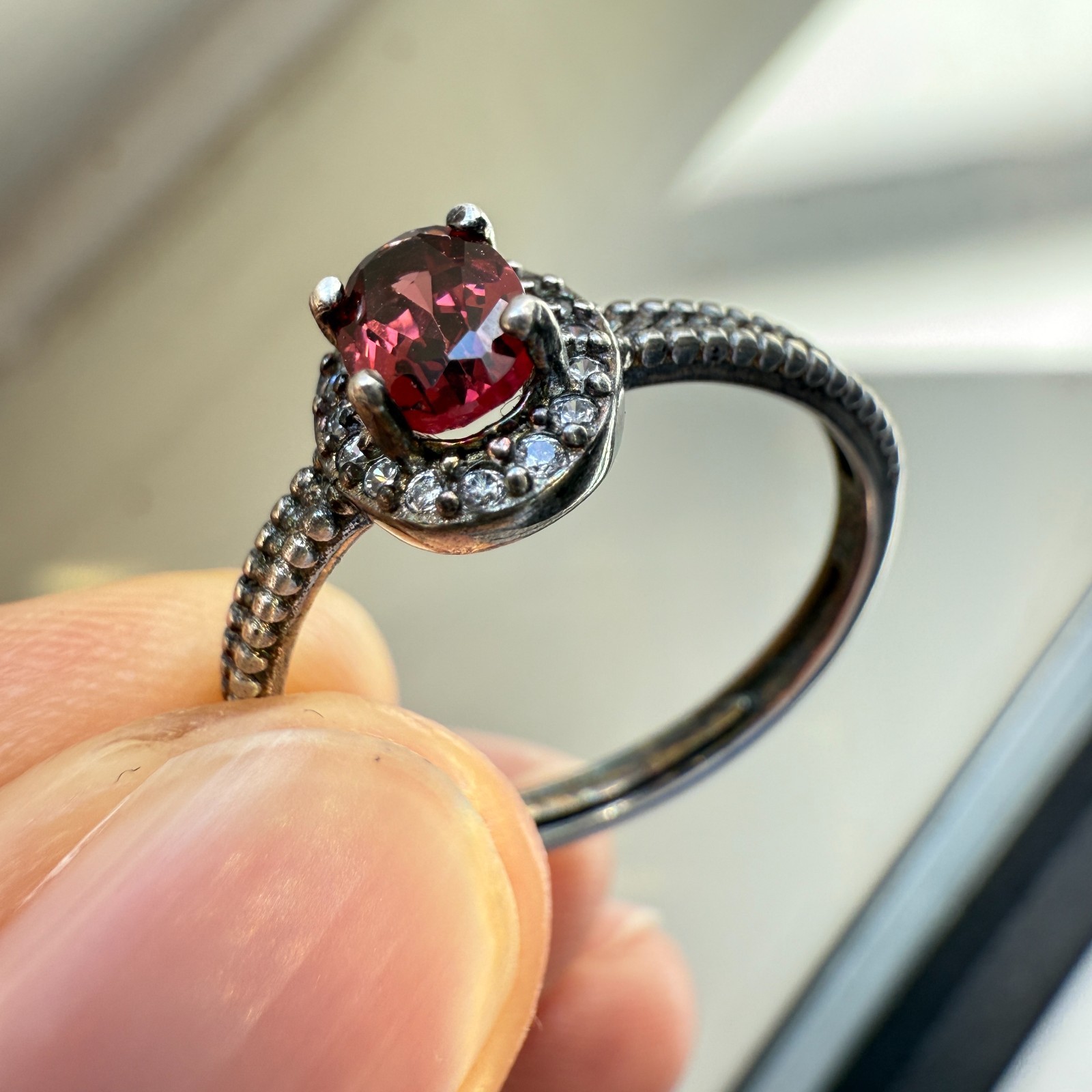 925 Sterling Silver Ring 6x4mm Natural Rhodolite Garnet Zircon Flower Red Gift