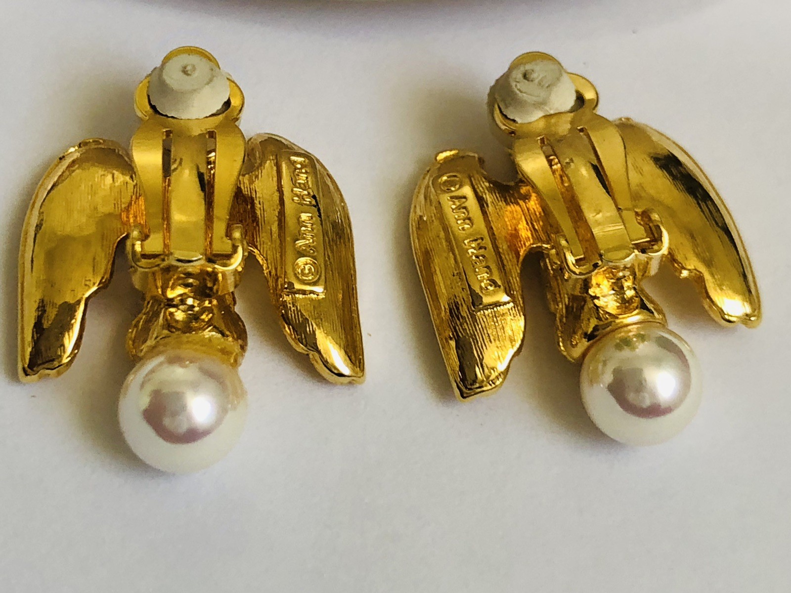 VTG ANN HAND Clip Eagle Earrings,W/ Red Eye&Faux Pearls Approx. 6 1/2–7mm