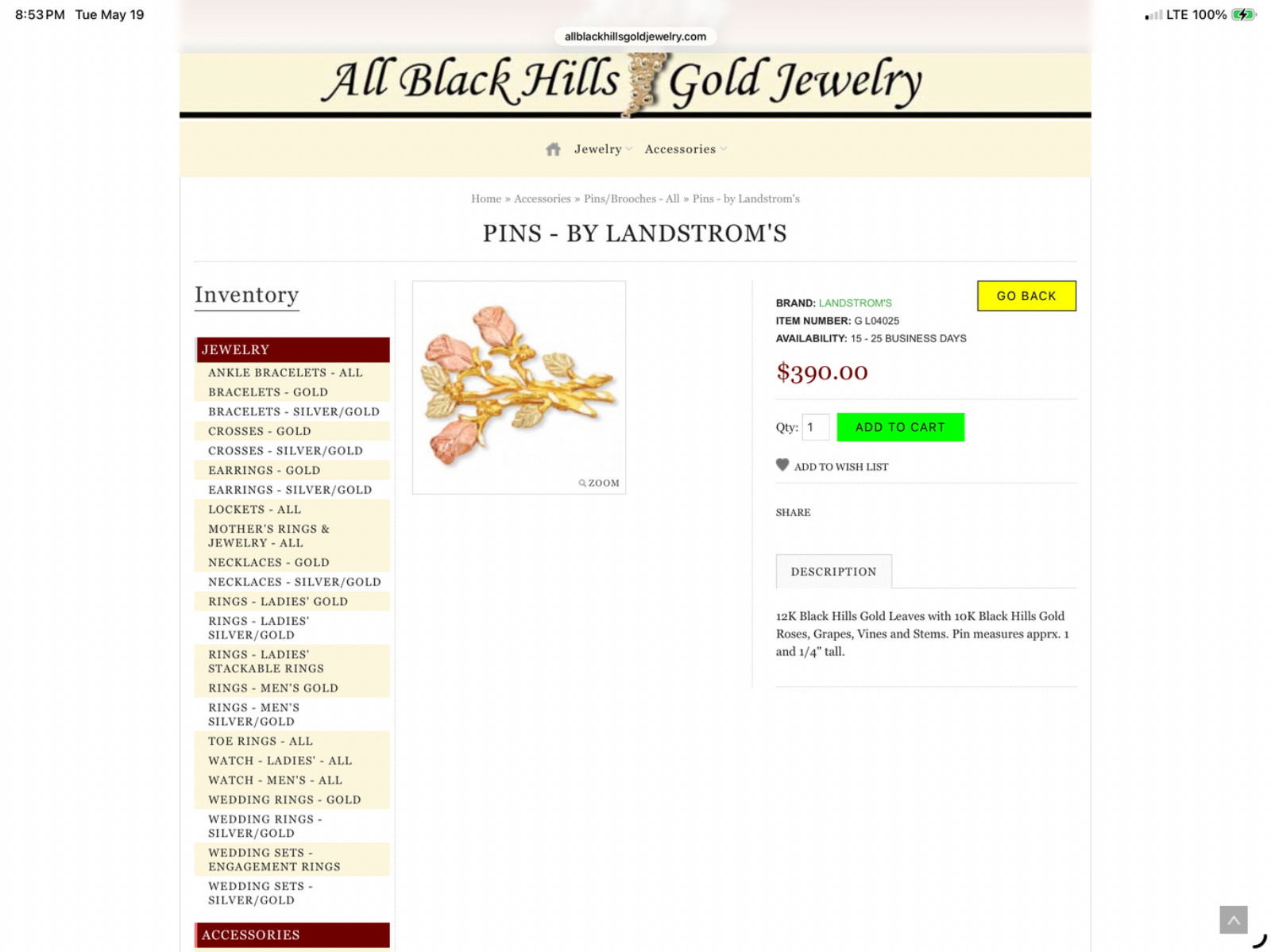 Black Hills Gold 10k Large Rose Bud Pendant Brooch Necklace