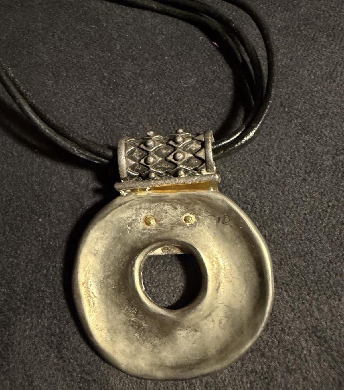 Vintage Chicos Signed Brutalist Ring Pendant Necklace Multi Strand Bronze Black