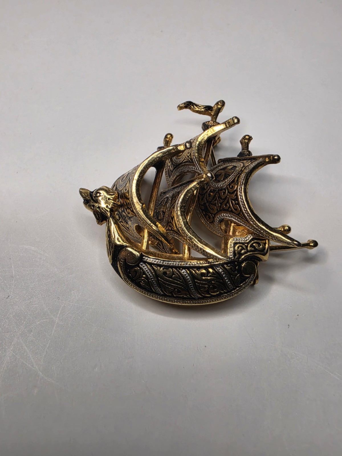 Vintage Damascene Ship Brooch Spanish Galleon Sailing Sail Boat Pin Spain