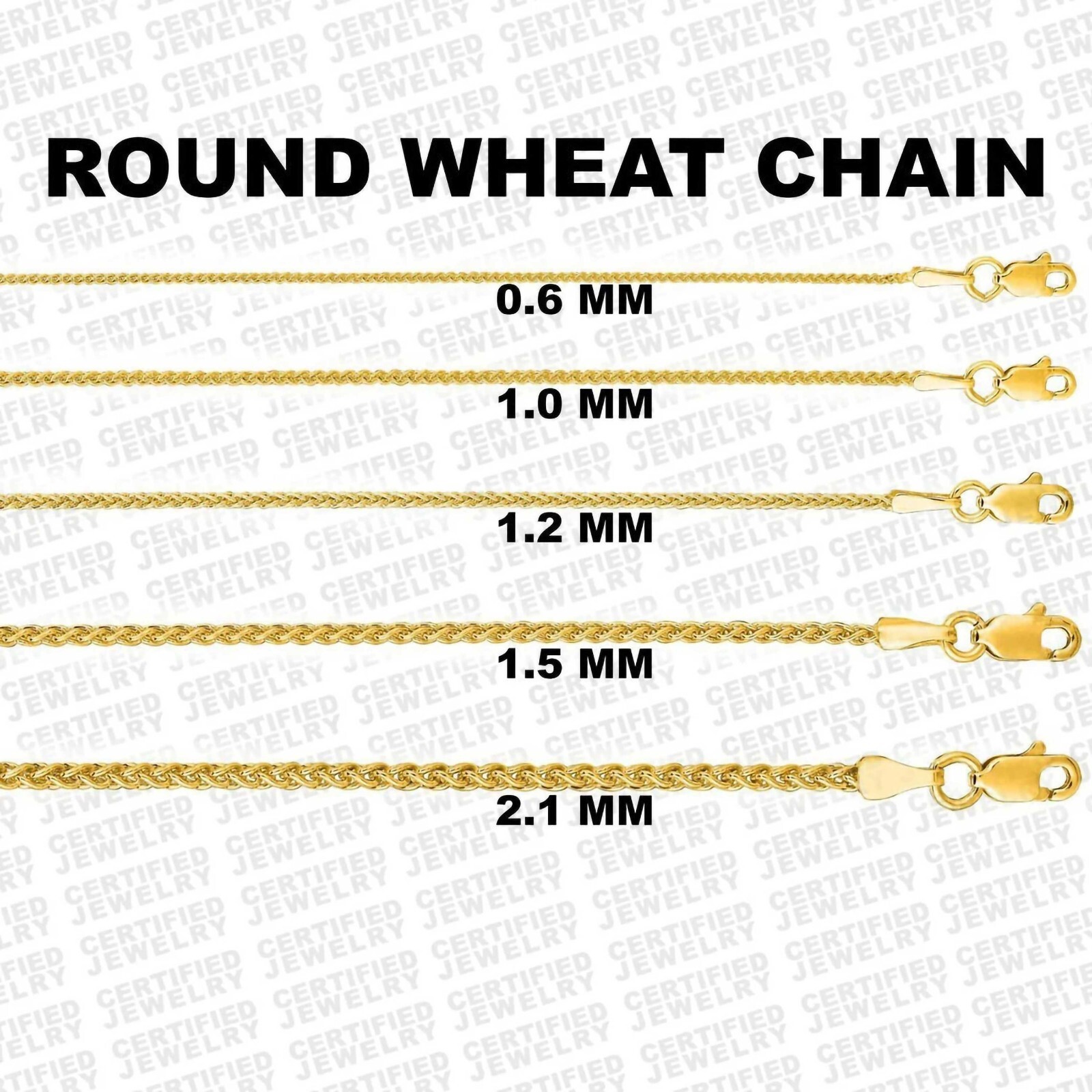 Solid 14K Yellow Gold Round Wheat Chain Necklace, 16”-30″ Inches ,0.6mm To 2.1mm