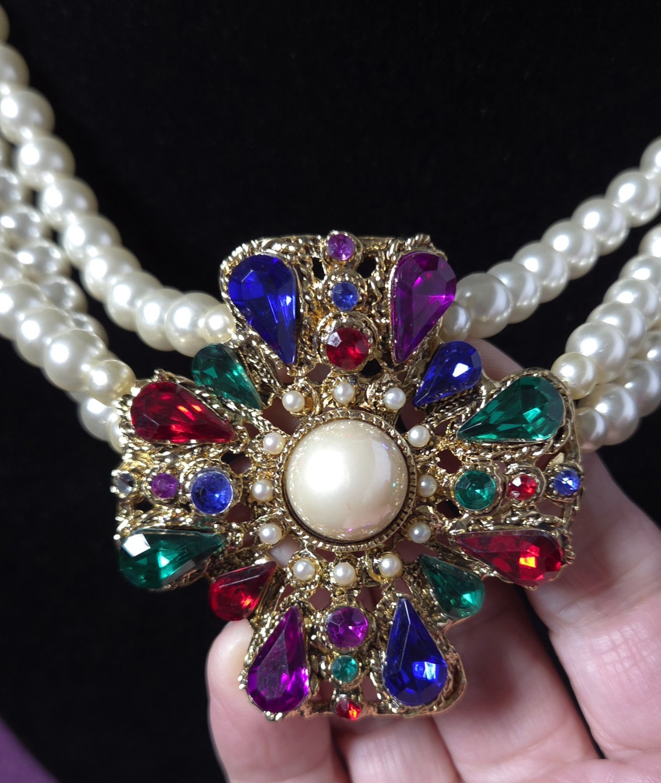 Retro 80s Maximalist Multi Gem Rhinestone Triple Strand Pearl Necklace Set