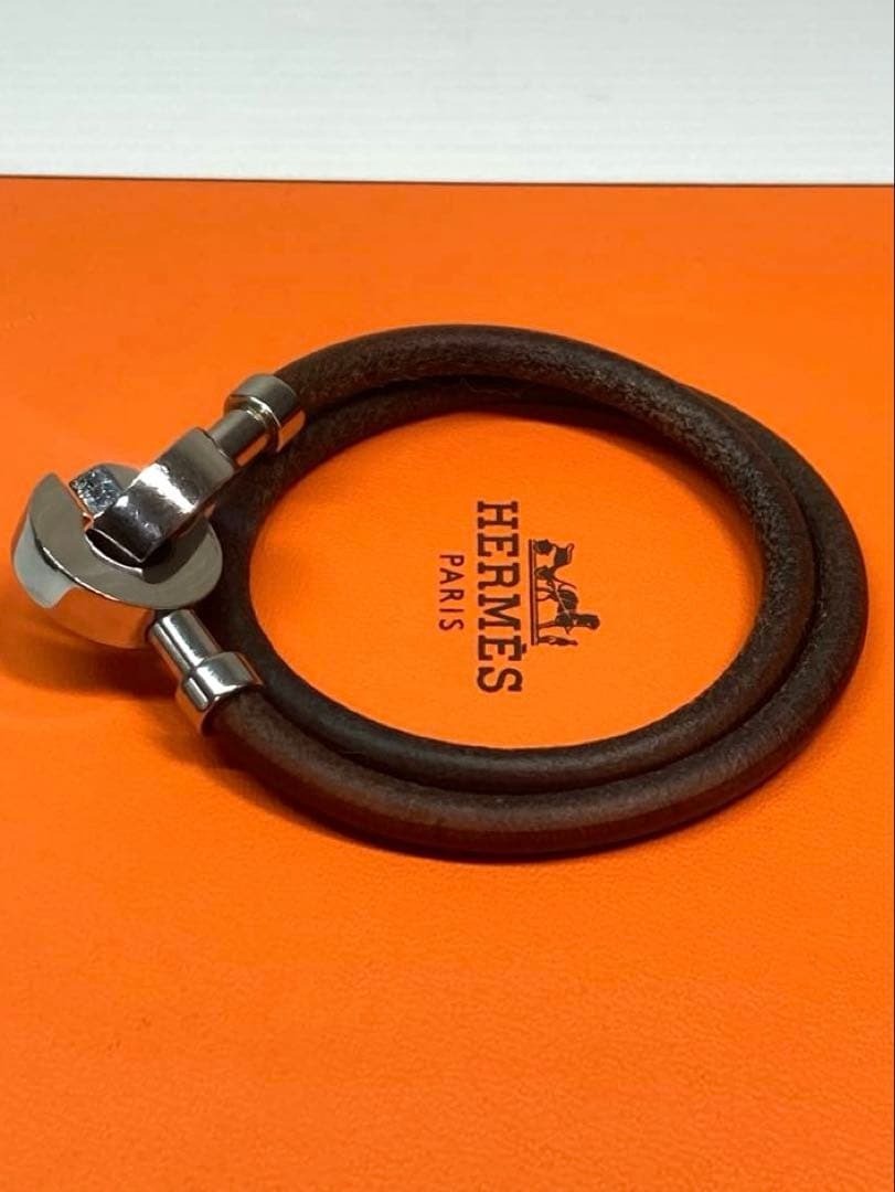 HERMES Lancelot Choker Double Wrap Bracelet Leather Dark Brown Silver w/ Box
