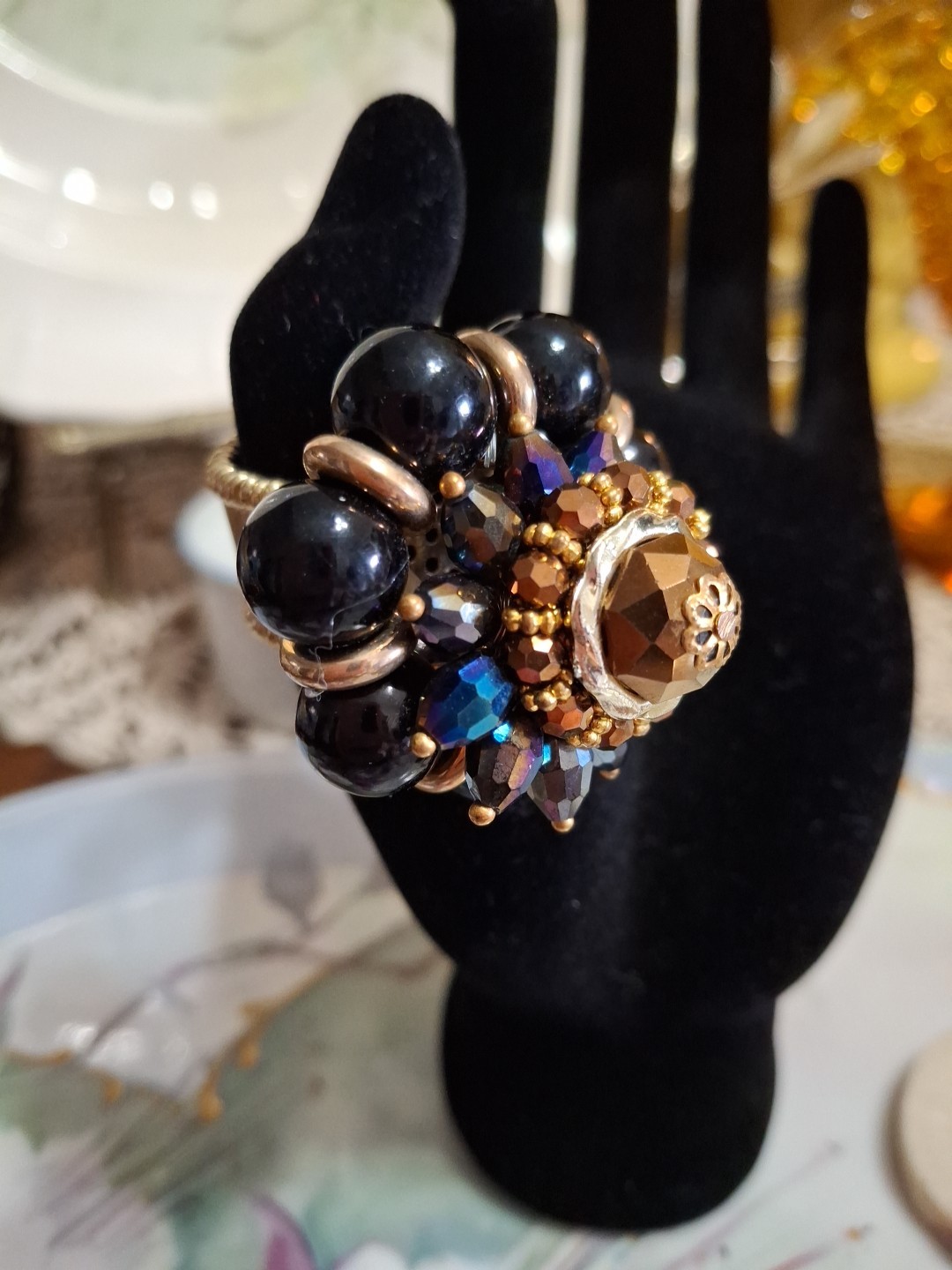 Large Domed Statement Stretch Cocktail Ring Blk Gold Purple Blue Rhinestones