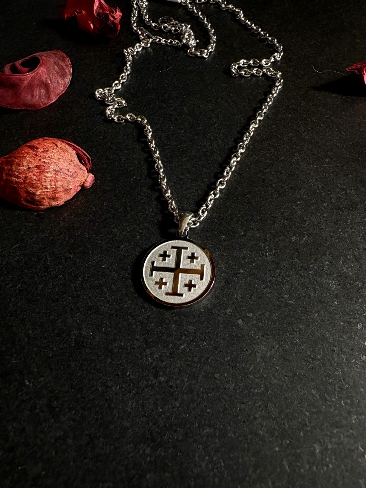 Jerusalem Cross Necklace Stainless Steel Pendant 55cm Cable Chain Silver