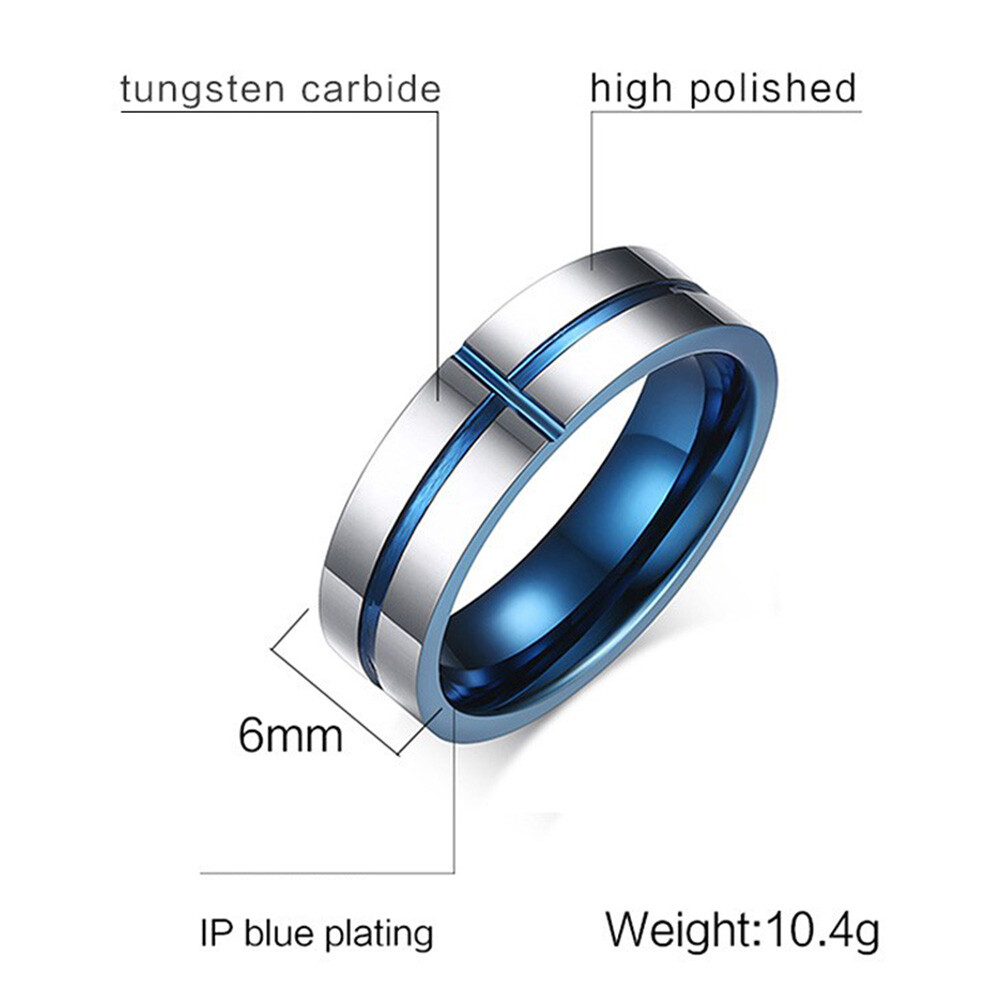 6MM Width Mens Tungsten Carbide Blue Inside Two-Tone Cross Wedding Band Ring