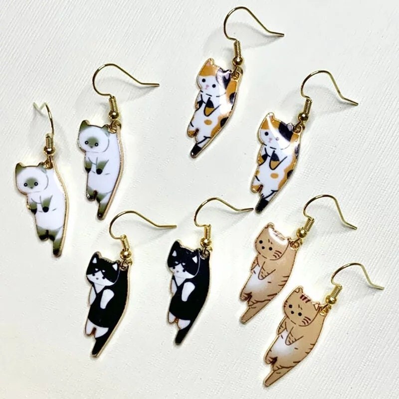 Hanging Cat Earrings tan black white orange kitty tabby calico tan