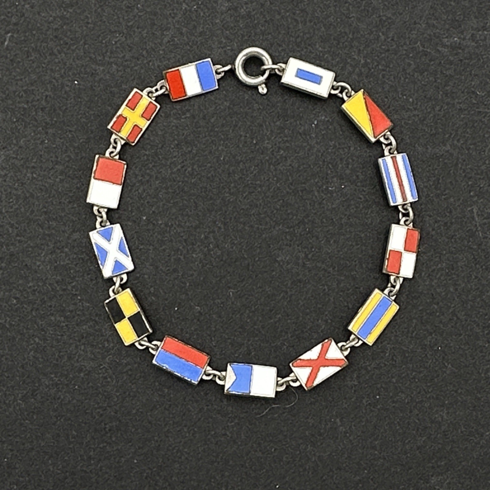NAUTICAL FLAG vintage bracelet – 13 colorful enamel panels silver-tone 7″