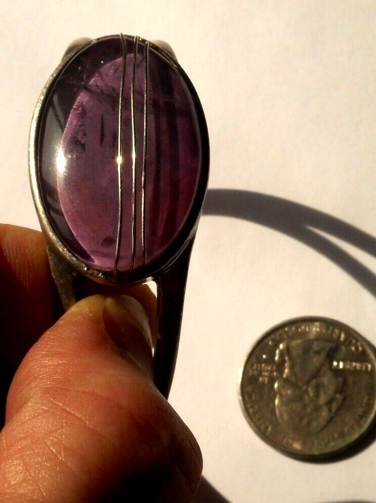 Vtg KCR Silvertone Purple Oval Art Glass Cab Wire Over Cuff Bracelet 7″