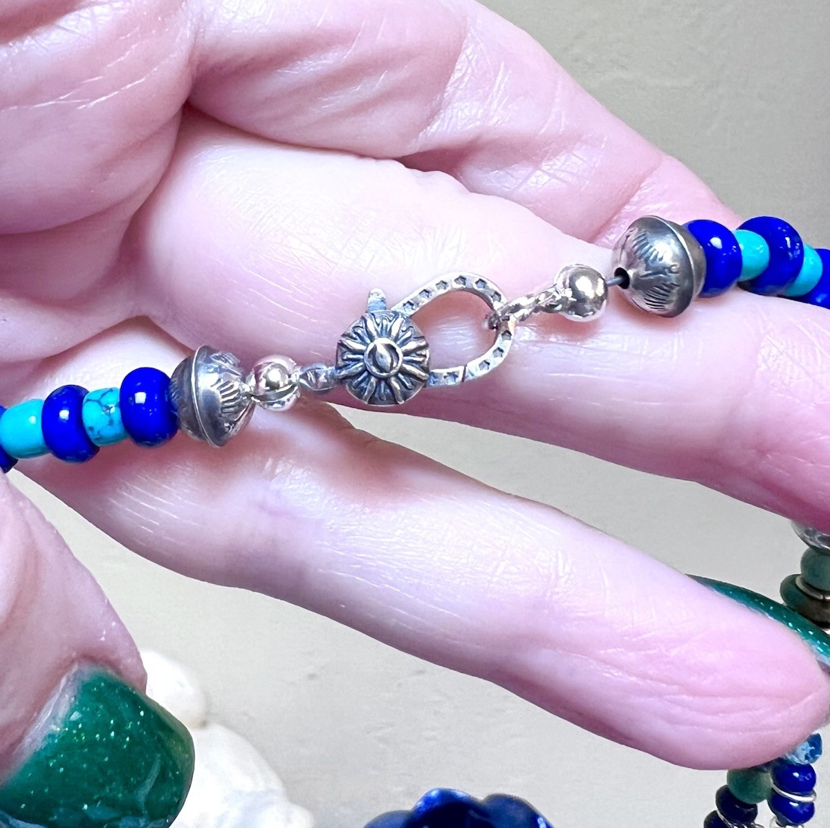 LOVELY Southwest Artisan Sterling Silver Turquoise, Lapis Milagro Charm Necklace