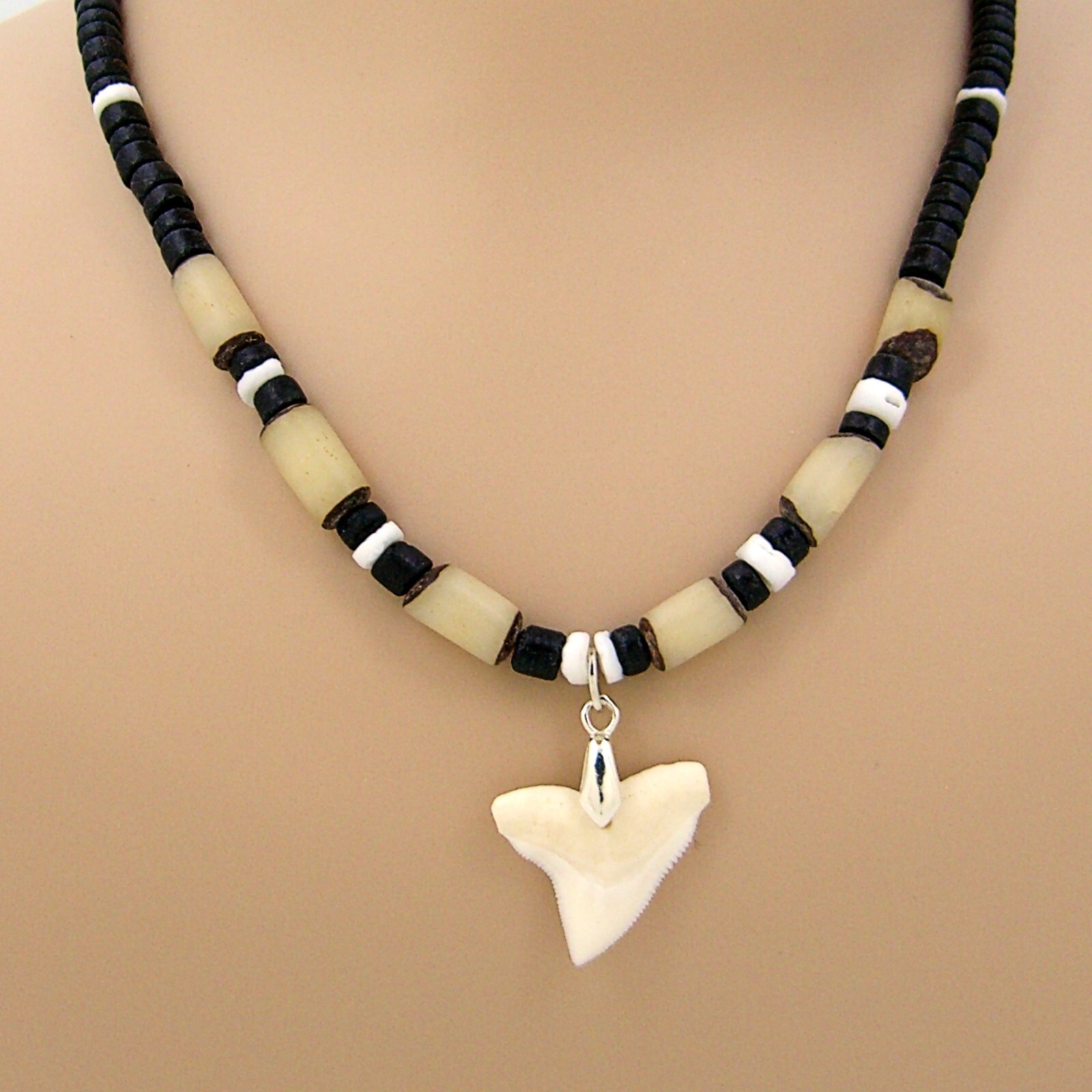 XL Bull Shark Tooth Neck 18″ 21″ 24″ Coconut Beads, Puka Sea Shell, Buri 7027-B