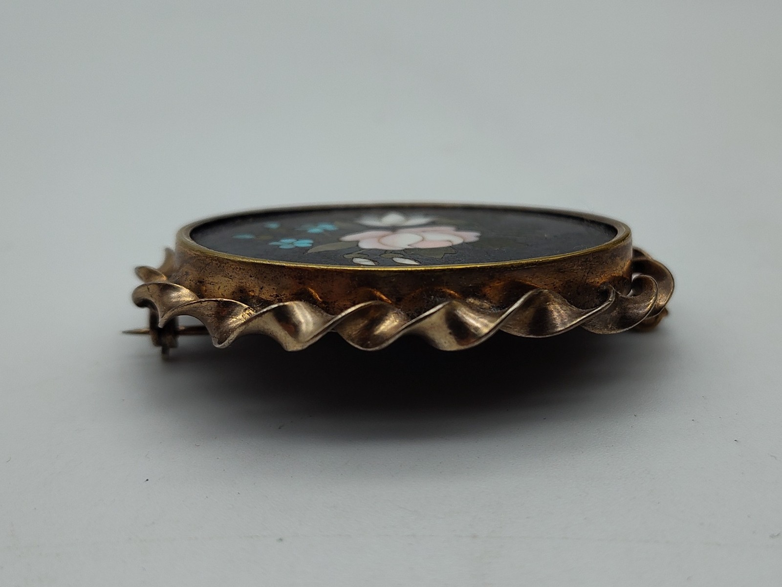 Antique Flower Pietra Dura Stone Black Pink Blue Green Gold Tone Brooch Pin