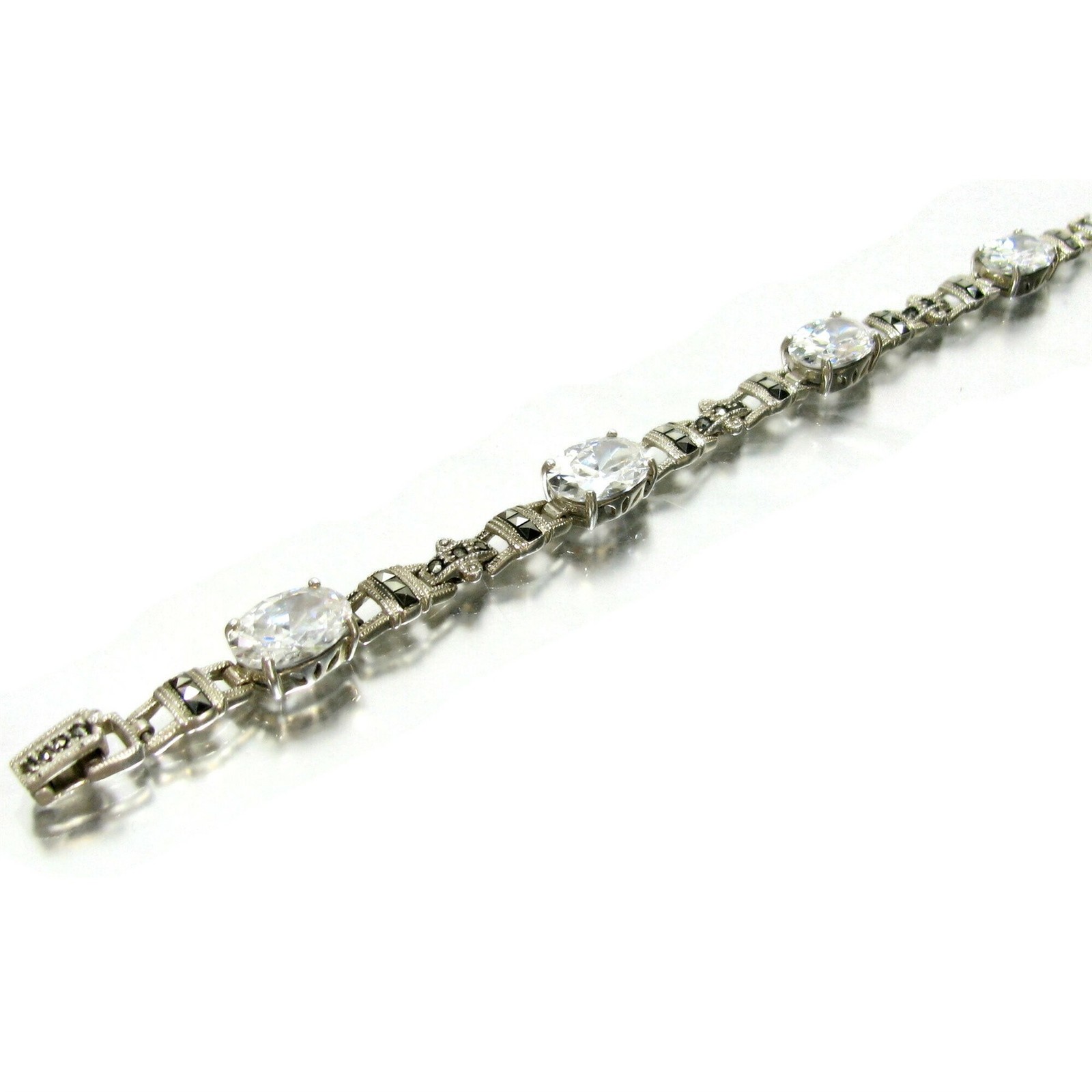 Vintage Sterling Art Deco Style Marcasite CZ Silver Bracelet 7 1/4″