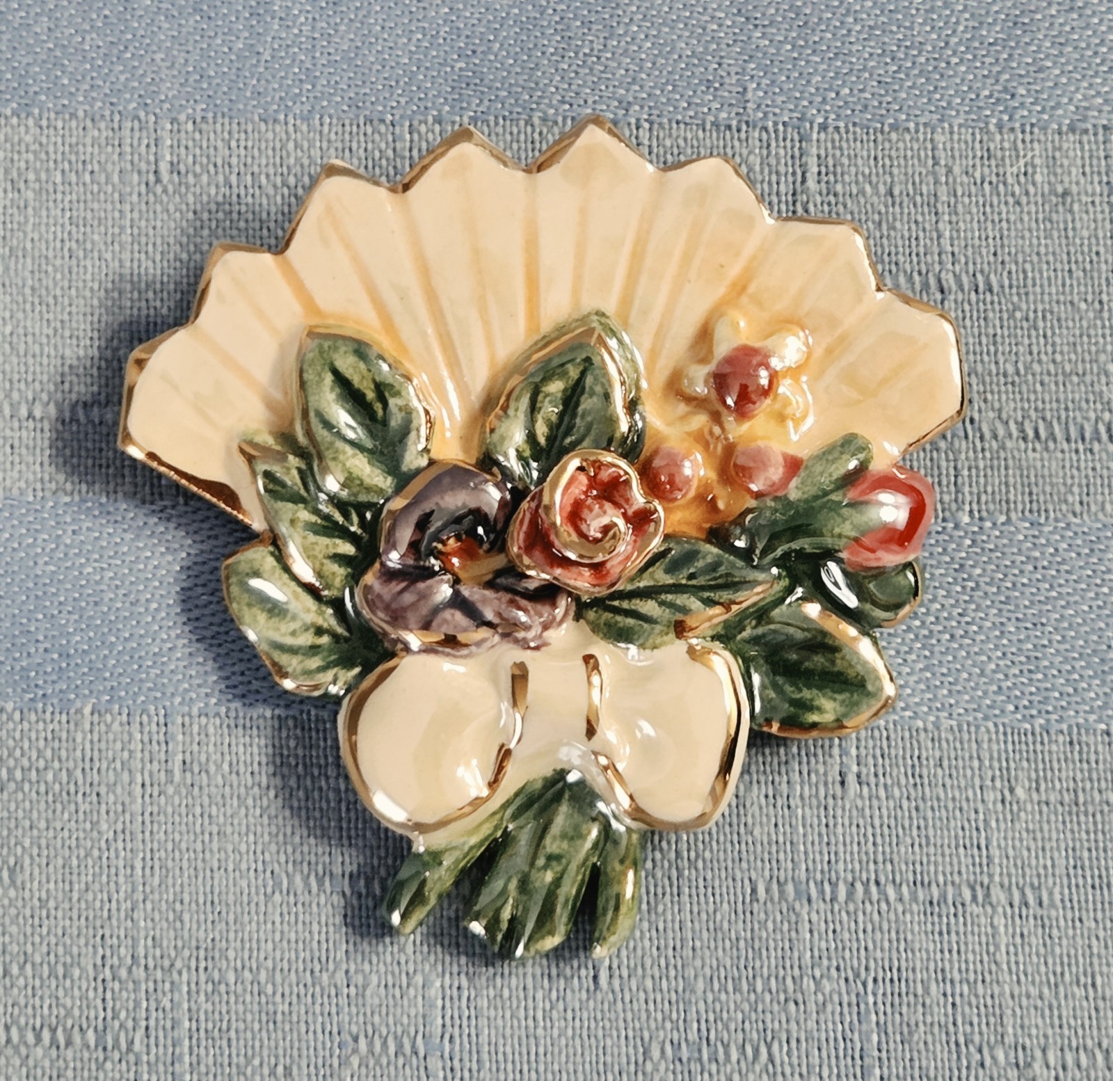 Fan Shaped Brooch Enamel On Ceramic