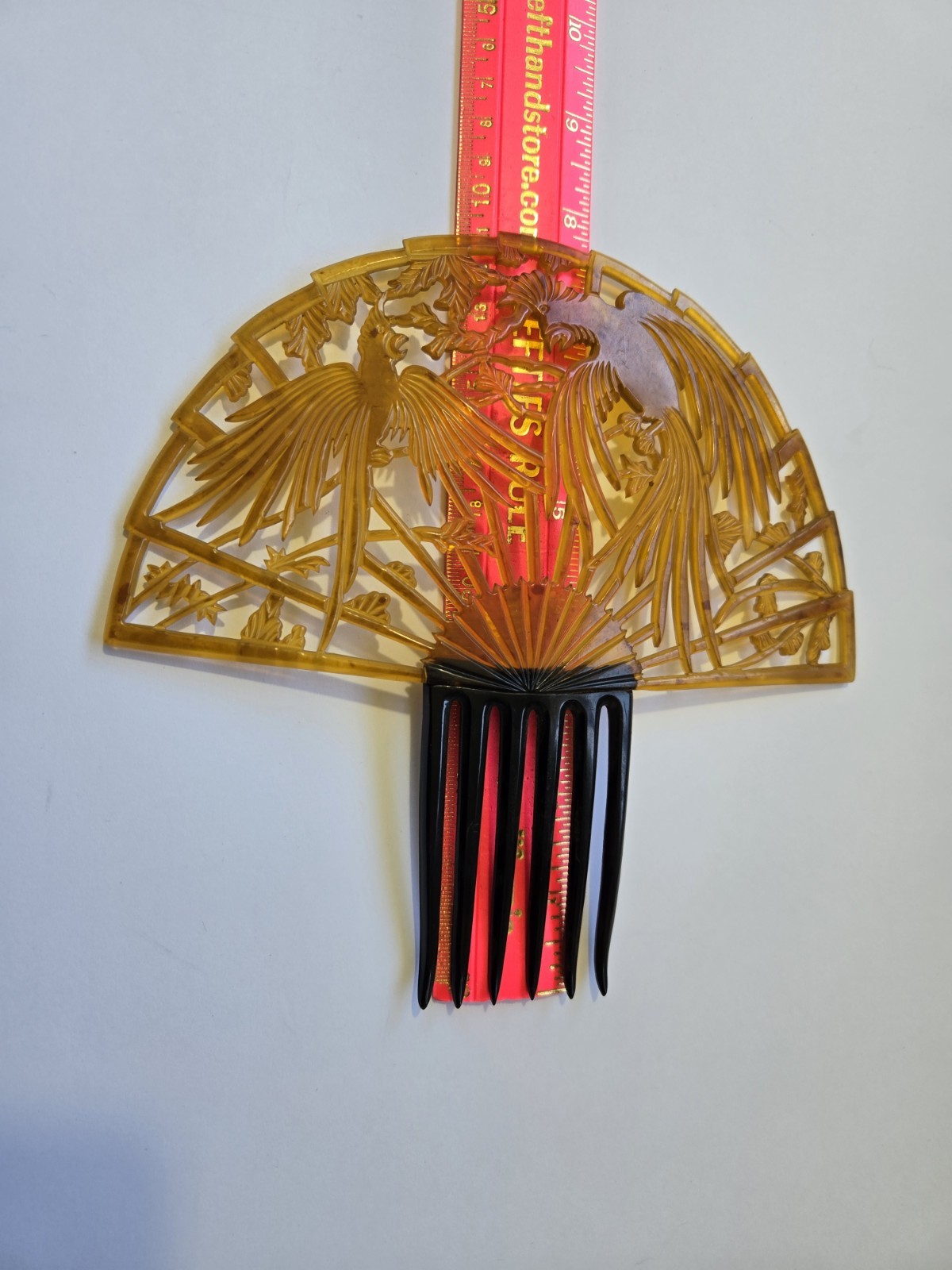 Vtg Large Art Nouveau Hair Comb Honey Amber Celluloid Figural Parrots Curved 8″