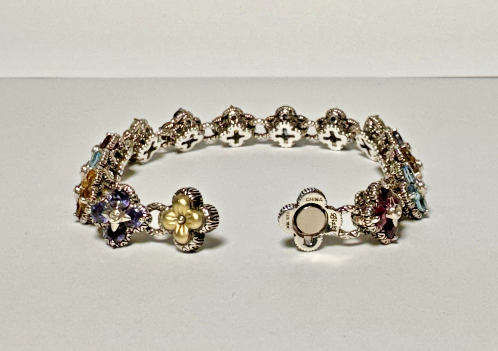 NEW Barbara Bixby Multi-Gemstone Silver Flower Bracelet 925 18K 7.25”
