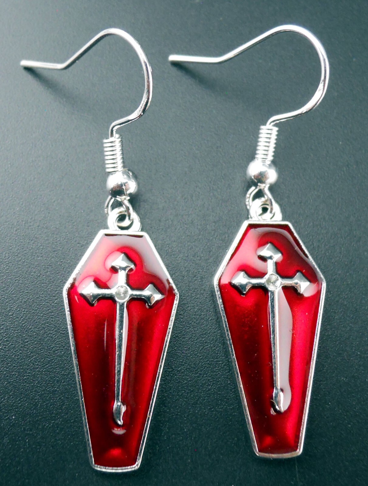 Coffin Earrings Sterling Silver Ear Wires Red Enamel Cross Casket Earrings New!