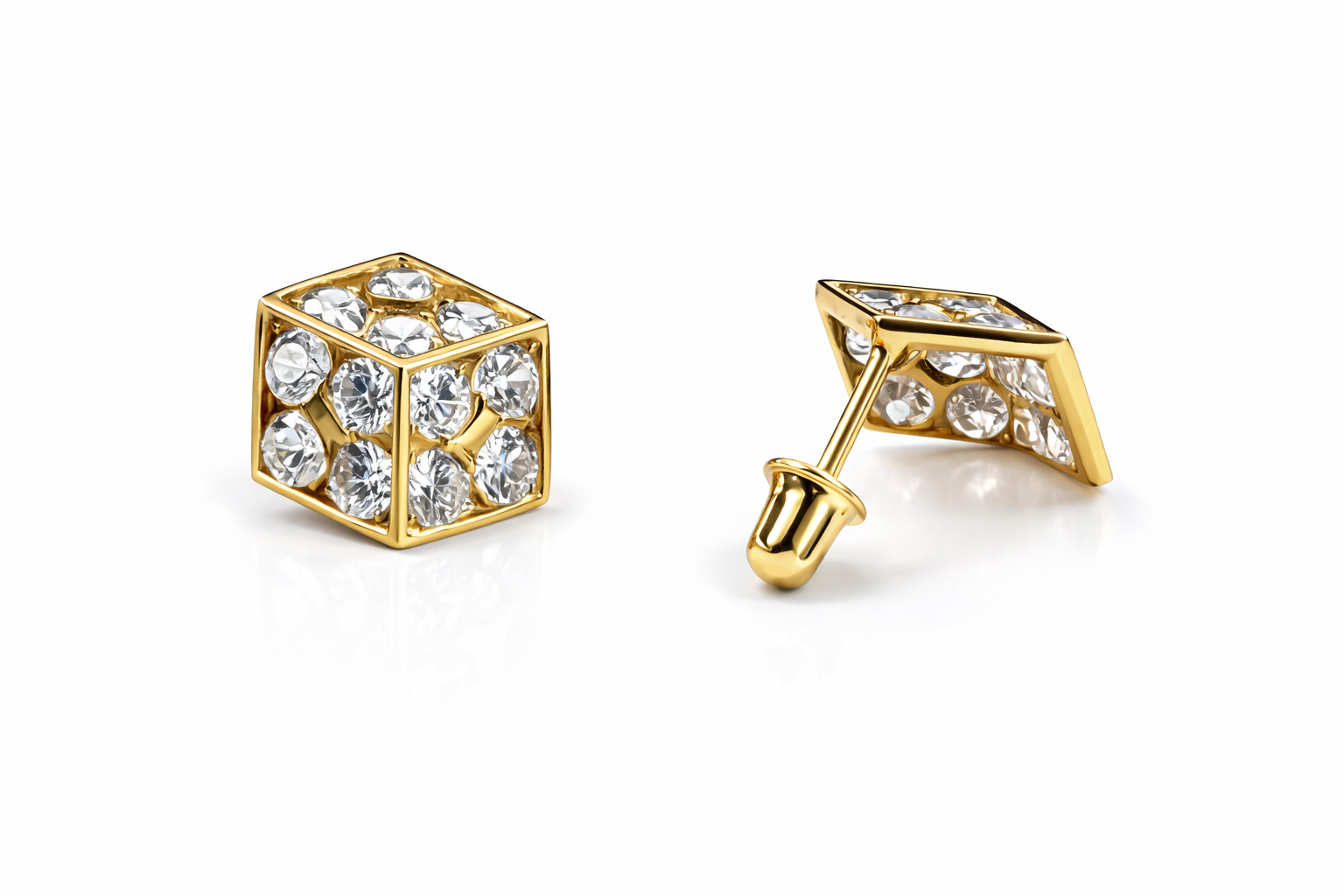 14K Yellow or White Gold Dice Stud Earrings Screw Back