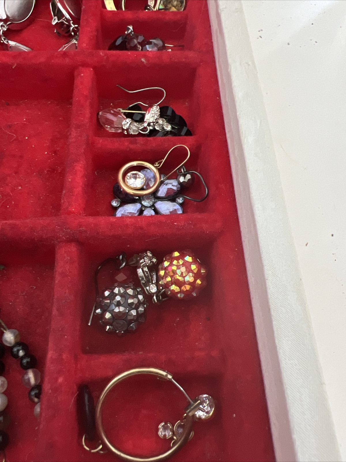 Jewerly Box and Lot of Costume Earrings Some Clip-on Some Pierced Some Single