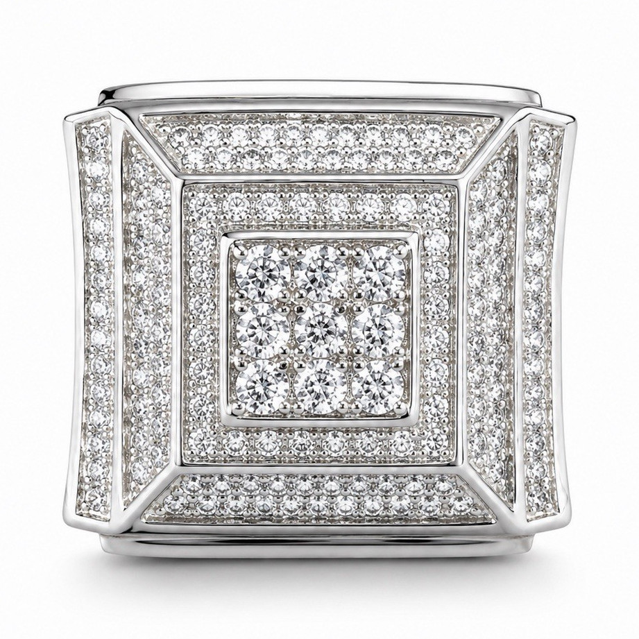 Men’s Silver-Tone Square Pavé Diamond Signet Ring Size 10 White/Colorless