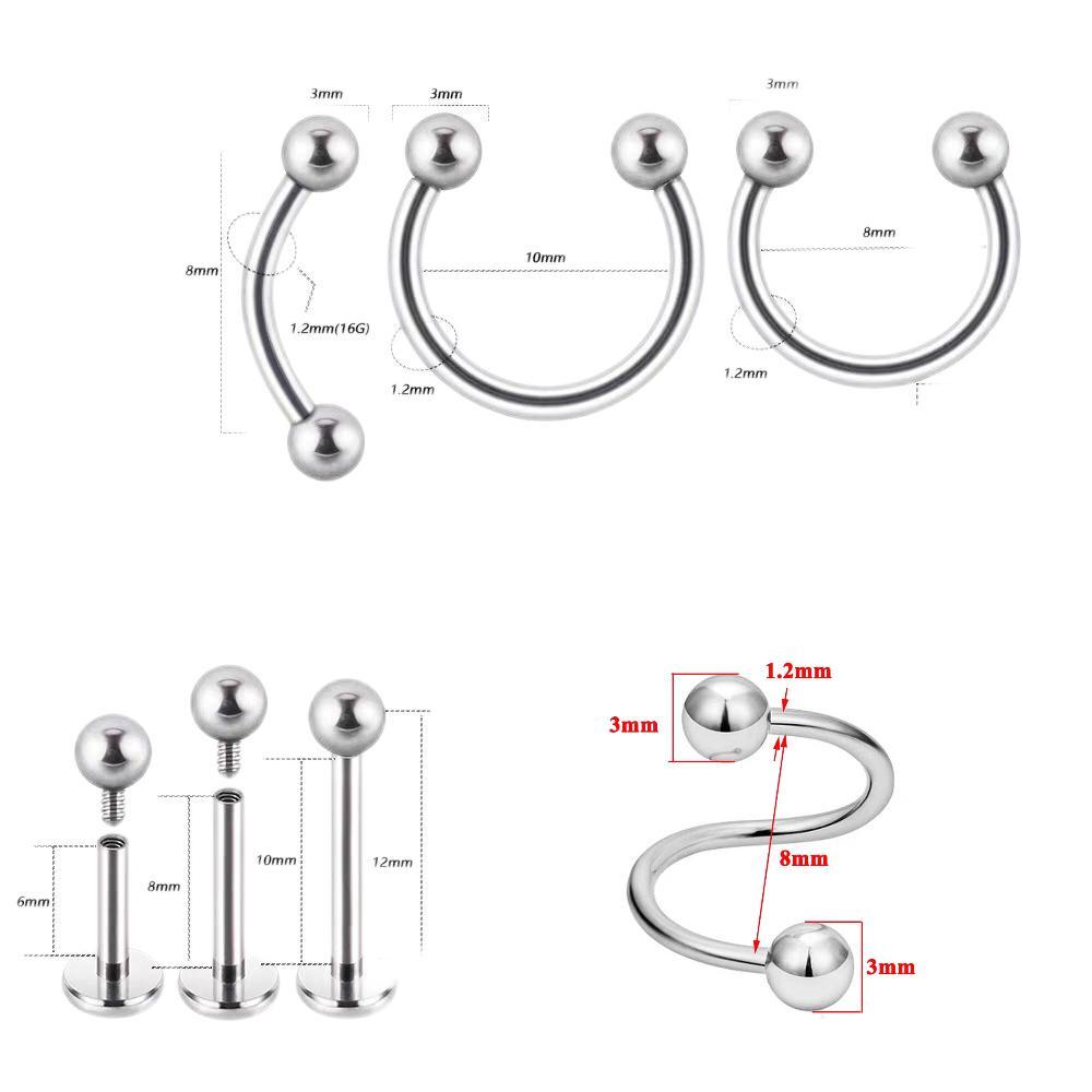 4pcs Varies Type Steel Internal Thread Ear Lip Stud Sprial Nose Eyebrow Piercing