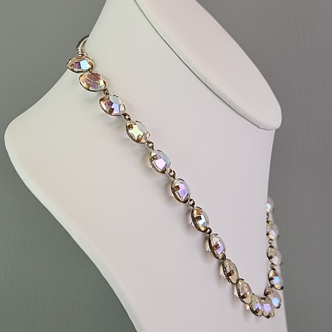 Vintage Open Bezel Necklace Aurora Borealis Round Linked Beads 17″