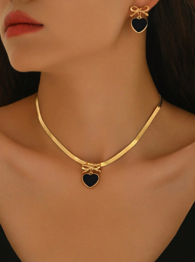 3PCS Elegant Necklace Earrings Jewelry Set For Women Faux Pearl Heart Pendant US